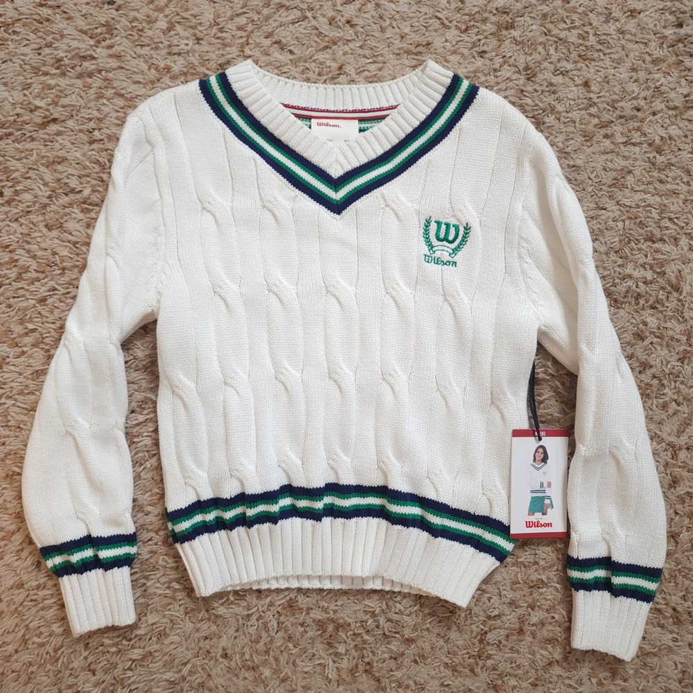 Wilson Cricket Sweater Girls Size M 8 White Cable Knit V-Neck Striped Trim NWT